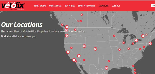 Velofix now has over 100 franchises across North America. Some dots on this map represent multiple franchises.
