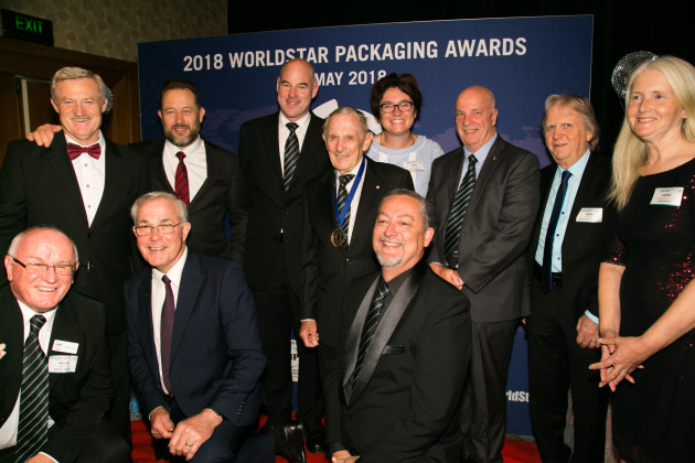 Jason Fields (kneeling, front right) has been appointed national president of the Australian Institute of Packaging. He's pictured here at the 2018 WorldStar Awards with other Fellows of the Institute, including outgoing president Carol Kilcullen-Lawrence (standing, far right)..