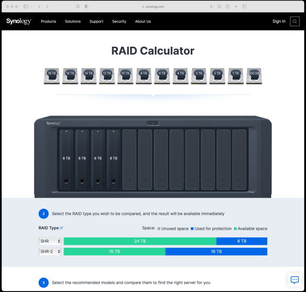 2) The online Synology RAID Calculator – experiment with different set ups with different disc capacities.