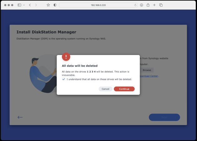 9) Installing DiskStation Manager – formatting and deleting the disk data.