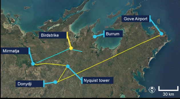 The flight path of VH-JMM prior to the bird strike. (Google Earth annotated by the ATSB)