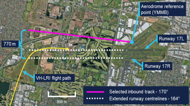 The inbound track of VH-LRI that led to the proximity incident. (Google Earth annotated by the ATSB)