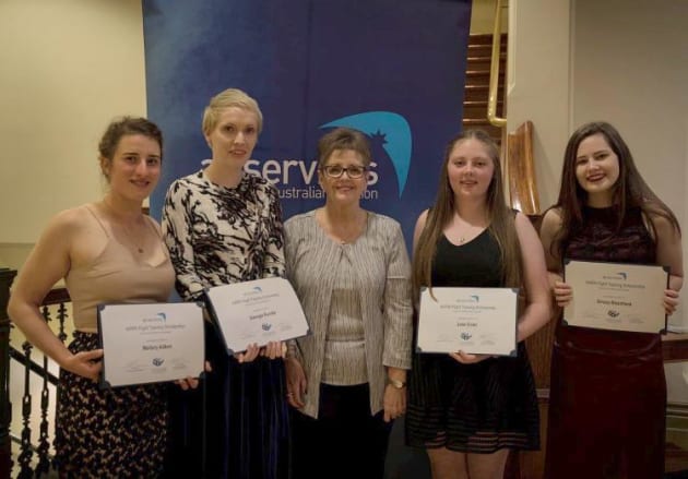 Scholarship winners Mellory Aitken, Georgia Rundle, Jade Esler and Emma Blackford with Airservices' Communications Advisor Vicki Huggins (centre). (Airservices Australia)