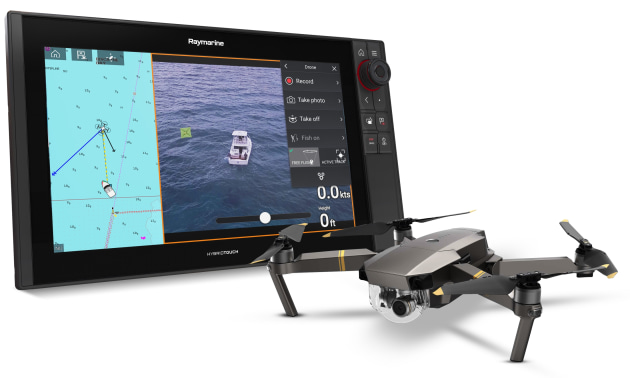 Raymarine’s Axiom UAV app integrates aerial imaging from a DJI Mavic Pro drone with a boat's MFD.