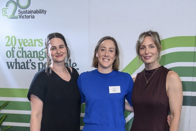 Sustainability Victoria celebrates 20 years: Sam Stone (left) and Christie Kamphuis (right) with Rebecca Bliss, Sustainability Victoria’s Acting Director – Research, Education & Behaviour Change.