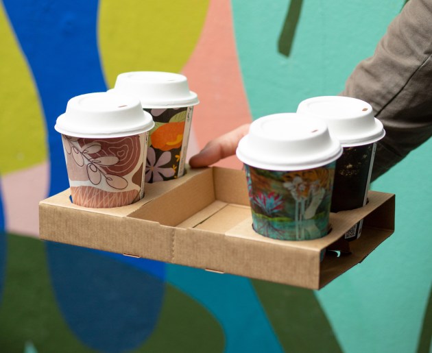 Biopak’s new two and four cup carrier tray is made in Australia with 100 per cent recycled paperboard. Image: Fine Food Australia.