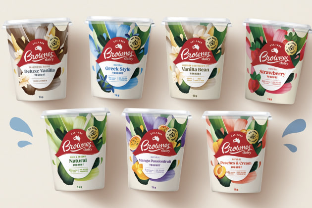 The revised packaging system uses hand-crafted illustrations, colour and typography across categories, including milk and yoghurt.