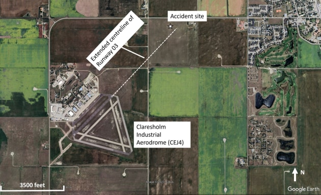The aircraft impacted the ground 5200 feet from the departure end of runway 03 and 215 feet left of the extended centreline.

IMAGE: TSB Canada