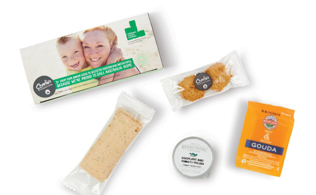 The in-flight charity snack boxes.