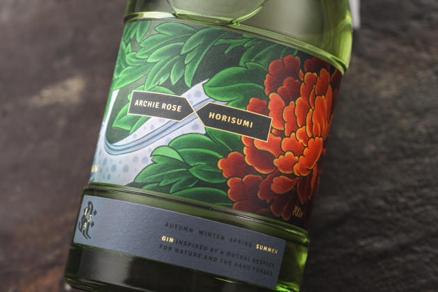 Archie Rose limited edition Summer Gin, artwork by Horisumi, graphic design by Squad Ink, label printed by MCC on an HP Indigo 6600 Digital Press.