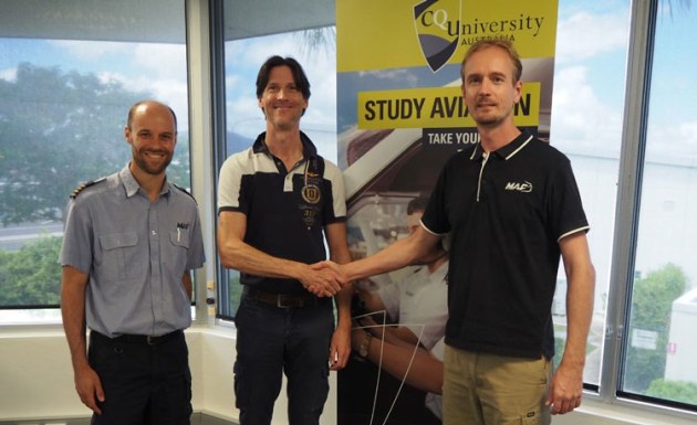 Left to right: Captain Andrew Little, CQU Lecturer in Aviation and Head of Course in Postgraduate Aviation and MAF International Training Centre Operations Manager René Don