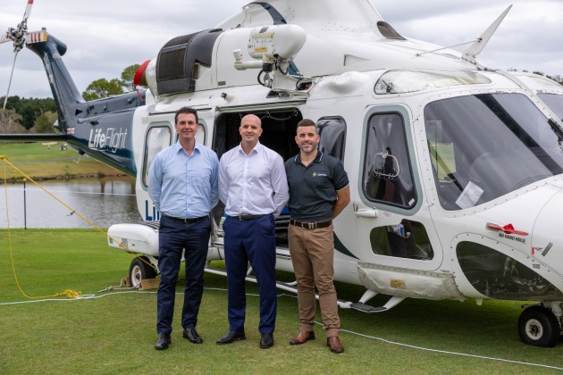 Daniele Alzetta of Leonardo Helicopters with LifeFlight's Shaun Gillott and Todd Seymour at RotorTech on the Gold Coast. (LifeFlight)