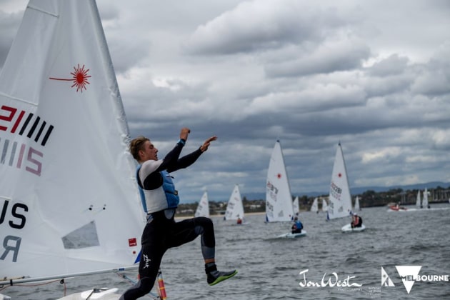 Men&rsquo;s World Champion, Daniil Krutskikh jumps into Port Phillip Bay. Photo Jon West Photography.