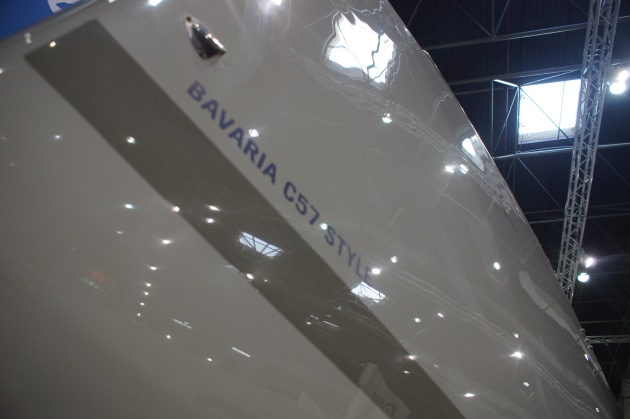 Hard to see in this gleaming white hull but you can see the full forward lines from the topsides.