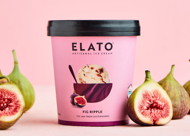 Australian-made ice cream brand, Elato, has unveiled its latest flavour: Fig Ripple, made with gluten-free ice cream combined with a jam of dried figs, cinnamon, ginger and cardamom. Image: Elato