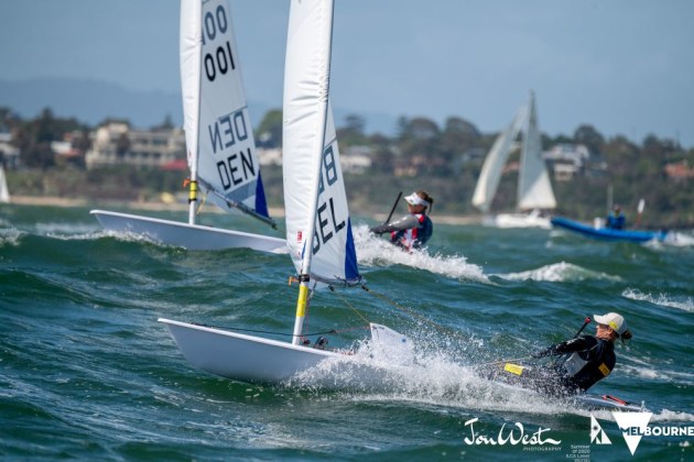 Tight at the top. Emma Plasschaert (BEL) and Anne-Marie Rindom (DEN) do battle on the fourth day of the Laser Radial World Championships at Sandringham. Photo Jon West Photography.