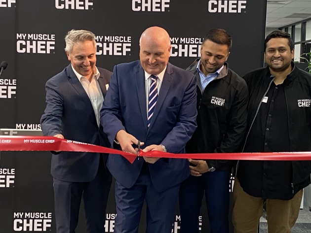 At the opening of My Muscle Chef's new facility (l-r): NSW member for Fairfield Guy Zangari, NSW minister for Western Sydney David Elliot, My Muscle Chef co-founders Tushar and Nish Menon.