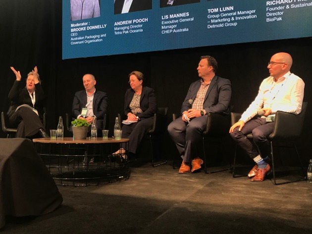 Australian Packaging and Covenant Organisation CEO Brooke Donnelly (far left) chaired a panel of industry leaders at the inaugural Global Table conference in Melbourne this week. Left to right: Tetra Pak Oceania MD Andrew Pooch; CHEP Australia executive GM Liz Mannes; Detmold Group GM of Marketing & Innovation, Tom Lunn; and BioPak founder and sustainability director Richard Fine spoke frankly about the challenges and opportunities of building the circular economy in Australia.