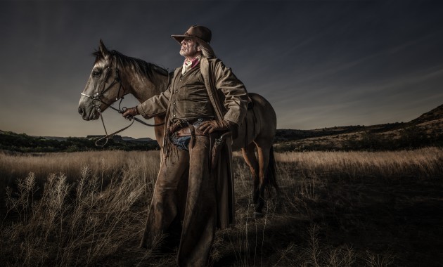 © Joel Grimes. Greg Wildman shot with on light, cross light approach on location in Prescott, Arizona. One 36x48inch softbox 90 degrees to the subject was used, with light pushed in the same direction as the sun.