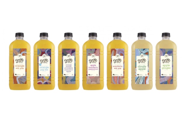 Grove Juice's range takes inspiration from the remote community of Yeundumu, with a percentage of sales from every bottle benefiting the artists and the Warlukurlangu Art Centre. Image: Grove Juice