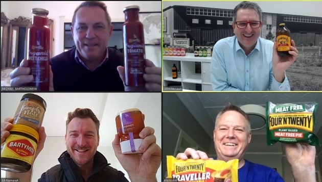 Four CEOs of iconic Aussie brands have launched a network of support as the food and beverage sector navigates COVID-19. 
Clockwise from top left: Rosella CEO Michael Bartholomew;  Bundaberg Brewed Drinks CEO John McLean; Bega Foods (owner of Vegemite) general manager Adam McNamara; and Patties Foods CEO Paul Hitchcock.