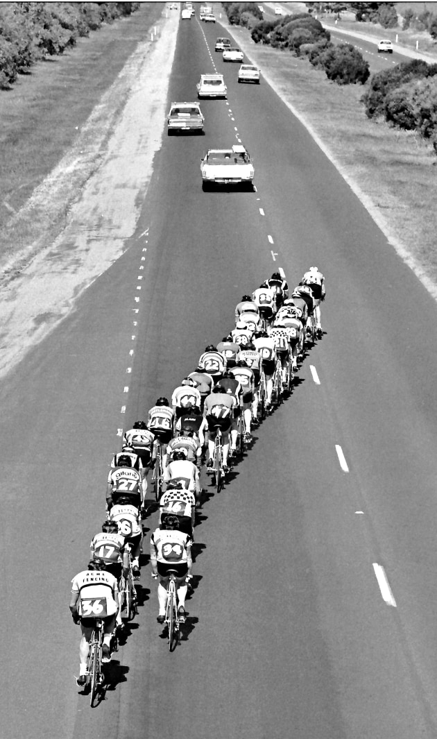 Roads improved in later years and the backmarkers form a perfect echelon heading down the Geelong Road to Warrnambool in the 1978 race, eventually won by Denis Shaw.
Photo courtesy Ray Bowles.