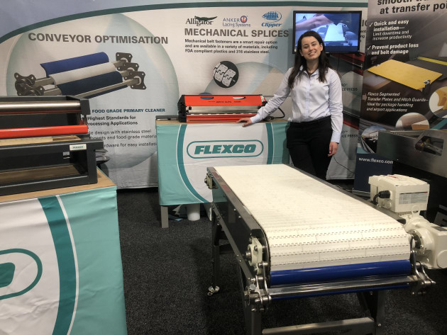 Flexco&rsquo;s Ellaina Grixti (stand 3032) says the company is at the show to demonstrate its Segmented Transfer Plate, a bright yellow product that helps to prevent product loss at the belt-to-belt or belt-to-chute transition point, preventing damage to the product and to the belt and conveyor structure.

The company is also exhibiting its Food Grade Primary Cleaner (pictured), a blue blade that cleans belts used for meat or wet products, and is easily assembled and disassembled.