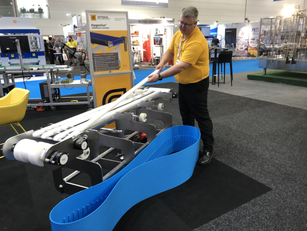 Peter Gustafson of Australis Engineering demonstrates Hygenius, a new hygienic conveyor that has been specially designed to be taken apart and put back together for cleaning in under two minutes.