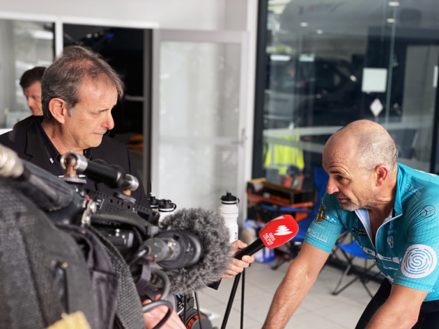 The virtual challenge received a huge amount of media attention. Here, Michael Tomalaris of SBS interviews Rupert during the ride.