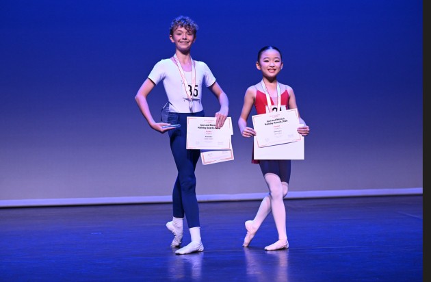 Joan & Monica Halliday Most Outstanding Dancer Caleb Nissen, with commissioned choreography prize winner Olivia Kim. Image by Shaun Patterson at Winkipop