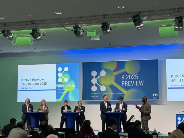 K 2025 Preview in Dusseldorf on 16 June. Panellists (l-r): Boris Engelhardt from the German Rubber Industry Association (wdk); Petra Cullmann, executive director of Messe Düsseldorf; Dr Christine Bunte of Plastics Europe; Dr Oliver Möllenstädt from German converters’ association GKV; Thorsten Kühmann of the VDMA and EUROMAP;  and Ulrich Reifenhäuser, chairman of the K 2025 Exhibitors’ Committee; and moderator Chris Brow.