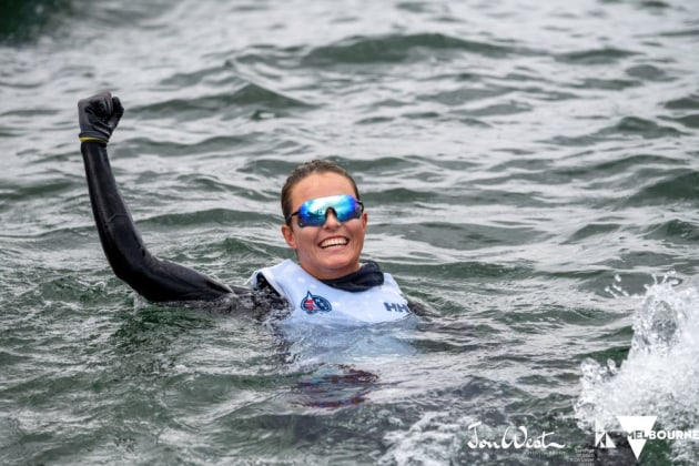 Bronze medallist Line Flem Host celebrates with a dip. Photo Jon West Photography.