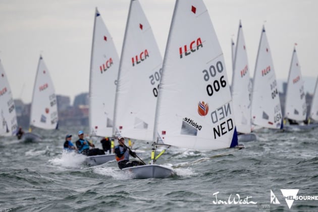 Marit Bouwmeester leads the Laser Radial fleet on Day 5 of the World Championship. Photo Jon West Photography.