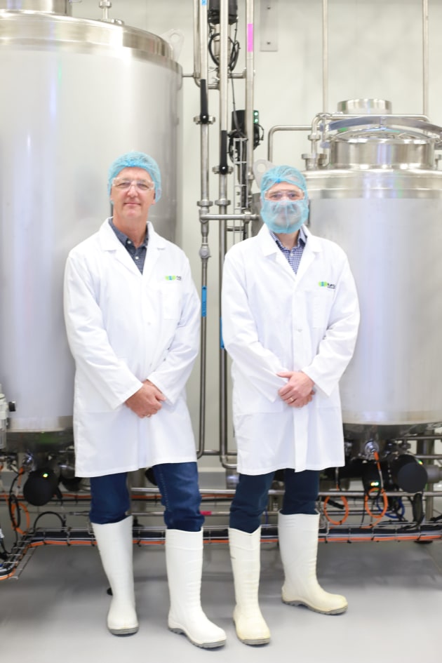 Naturo CEO Jeff Hastings and GM Andy Cartright. 
In a world first, Australian dairy tech company Naturo has developed a 100 per cent fresh and natural milk that is twice as digestible as other processed cow’s milk on the Australian market. (Image: Naturo)