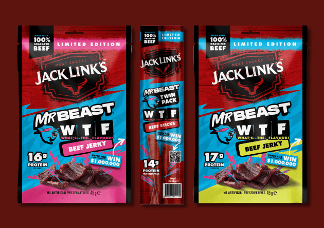Meat snack brand, Jack Link&rsquo;s, has partnered with content creator Mr Beast (Jimmy Donaldson), to release three new Grass Fed Beef What&rsquo;s. The. Flavour! (W.T.F!) products, exclusive to the Australian and New Zealand markets.
Source: Jack Link's