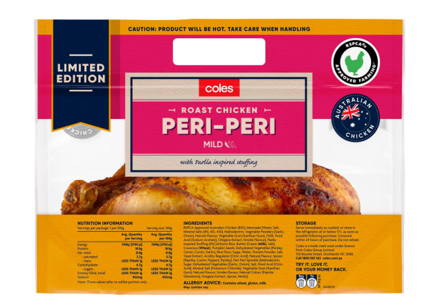 Coles has levelled up its roast chicken offerings, with the sizzling launch of its limited-edition Peri Peri Hot Roast RSPCA Approved Chicken.
Source: Coles