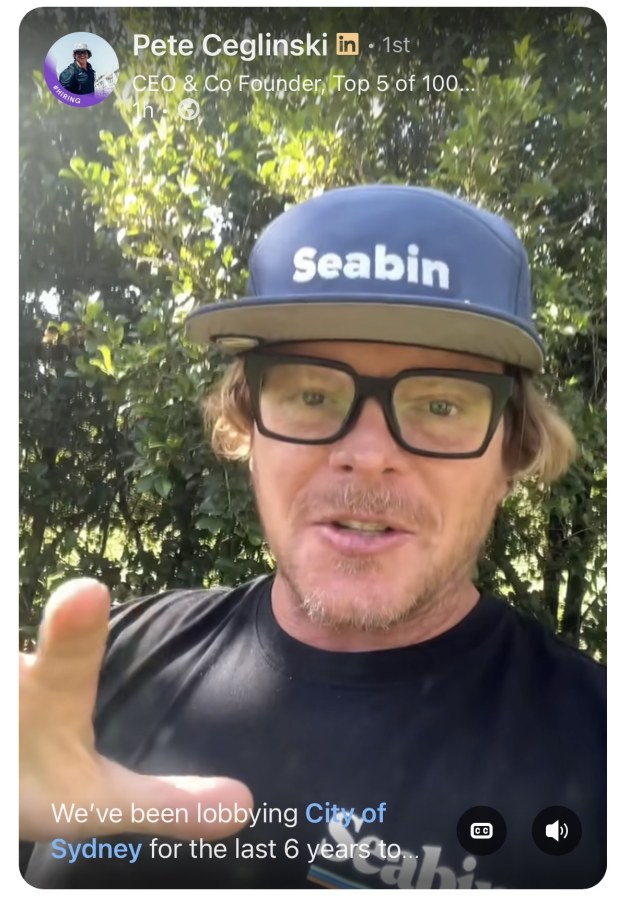 "This is huge": Seabin CEO Pete Ceglinski announces the partnership with City of Sydney on LinkedIn.