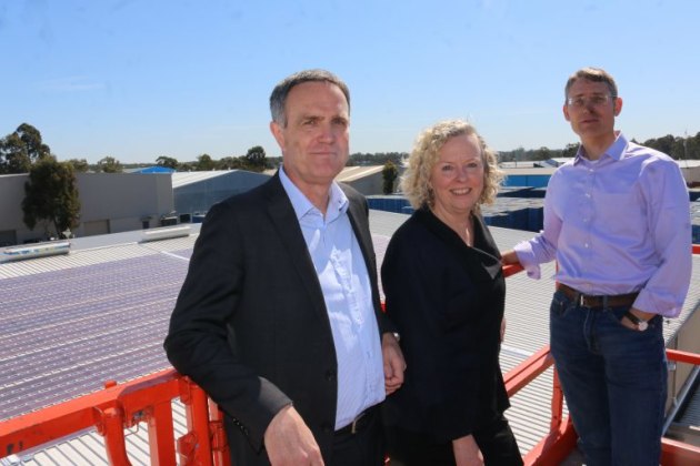 (L-R) Showing off the new solar cells: Phillip Austin, CHEP; Sharon Claydon, federal MP for Newcastle; Professor Paul Dastoor, University of Newcastle.