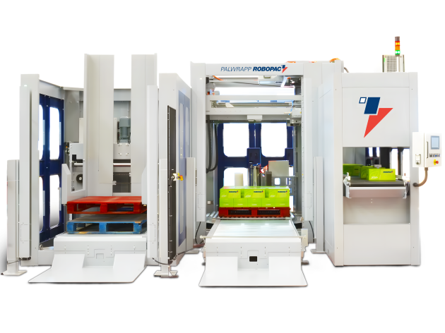 Robopac’s PALWRAPP integrated de-stacker, layer palletiser and wrapper.
Source: Foodmach