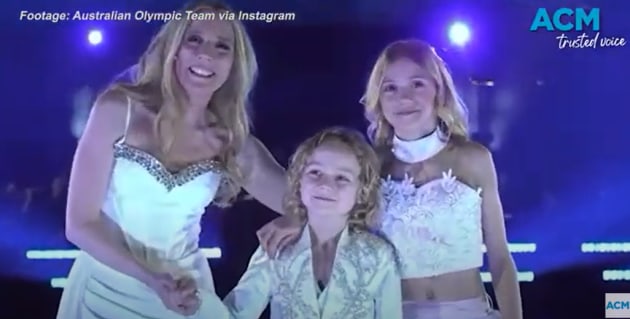 Nikki with her children, Malakai and Skylah. Taken from footage by Australian Olympic Team via Instagram.