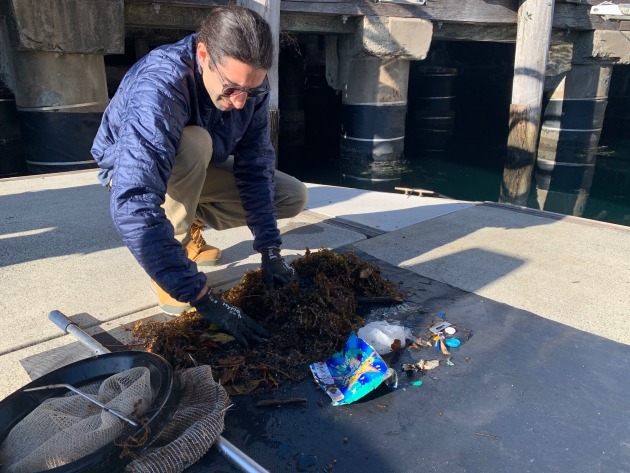 Seabin’s newly appointed enviro technician, Tom Batrouney, sorts through the debris collected in just a few hours at Jones Bay Wharf.