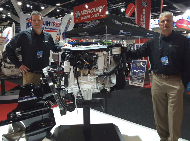 Will Sangster, Mercury Marine general manager ANZP, and Reinhard Burk, Mercury’s senior director for global inboard and sterndrive categories, at the Sydney International Boat Show for the launch of the new Diesel 3.0L engine.