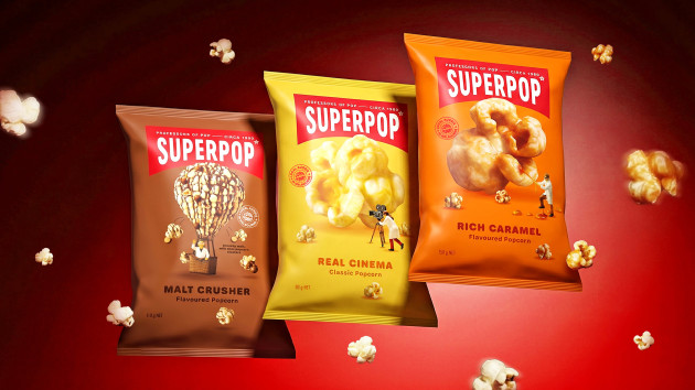 Vibrant colourways differentiate flavours; photorealistic popcorn imagery highlights texture and taste. Image: The Edison Agency