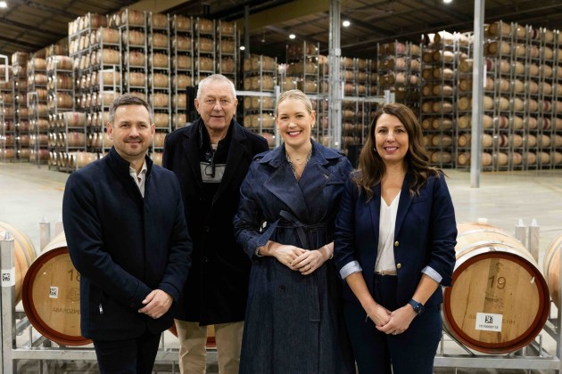 At the opening of TWE's integrated automation and barrel handling system. L-R: Kerin Petty – TWE chief Supply & Sustainability officer, Michael Lange – Barossa Council Mayor, Ashton Hurn MP – Member for Schubert, Jodie Rowlands – TWE director of Supply Technology & Innovation. (Source: Treasury Wine Estates)