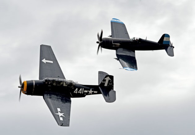 Paul Bennet's Grumman TBM Avenger in formation with Graeme Hosking's Corsair. Image: Steve Hitchen