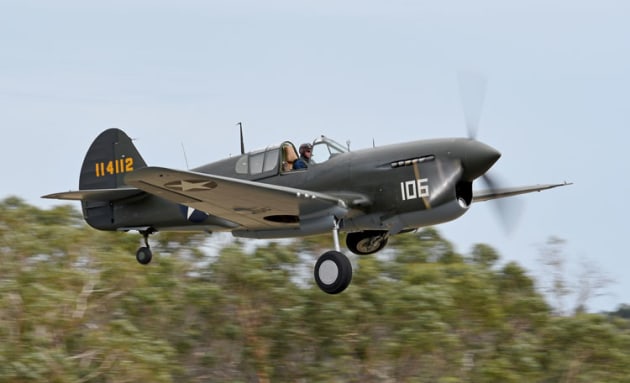Judy Pay's P-40 departs runway 35 for its handling display. Image: Steve Hitchen