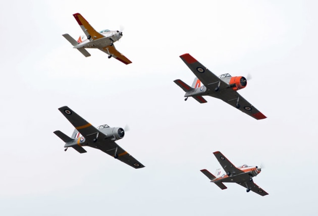 A flypast of former air force training aircraft: two Winjeels in formation with two CT-4s. Image: Steve Hitchen