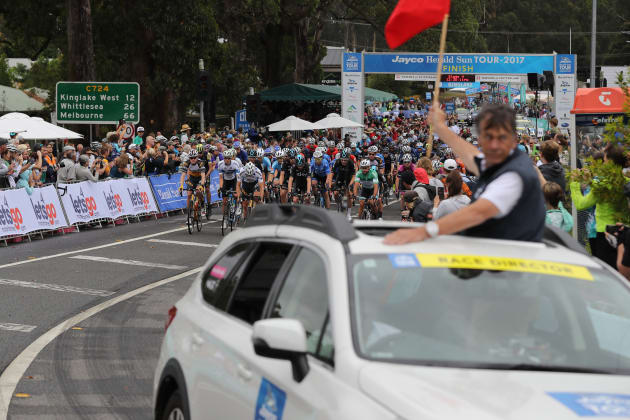 Race Director and former event winner John Trevorrow starts Stage 4 of the 2017 Jayco Herald Sun Tour. Image: Con Chronis.