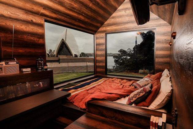 Inside the off-the-grid cabin, The Reserve by Wild Turkey x Unyoked. The solar-powered, no-wifi cabin was built with only used sustainable materials to ensure the cabin melded seamlessly with its natural surrounds.