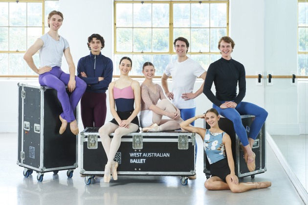 The seven new WAB dancers: Former WAAPA students Brent Carson, Madeline Gill, Beatrice Manser and Sarah Ross, and Australian Ballet School graduates Ziggy Debrincat, Rab Flanigan and Izaak Westhead.
Photo: Frances Andrjich.